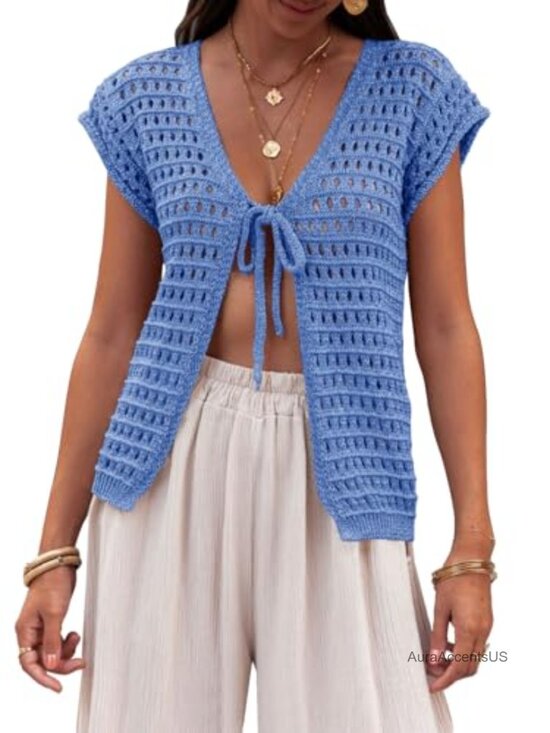 Sweaters - Women Tie Front Crochet Shrug Cardigan Short Sleeve Open Knit Bolero